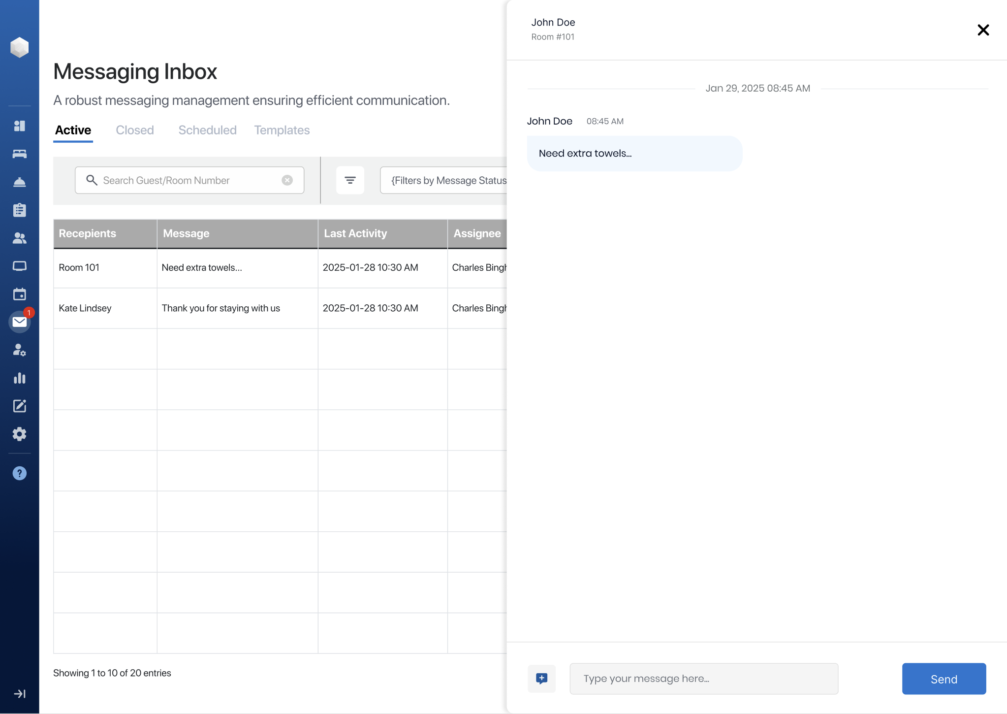 Messaging inbox with conversation panel, early iteration